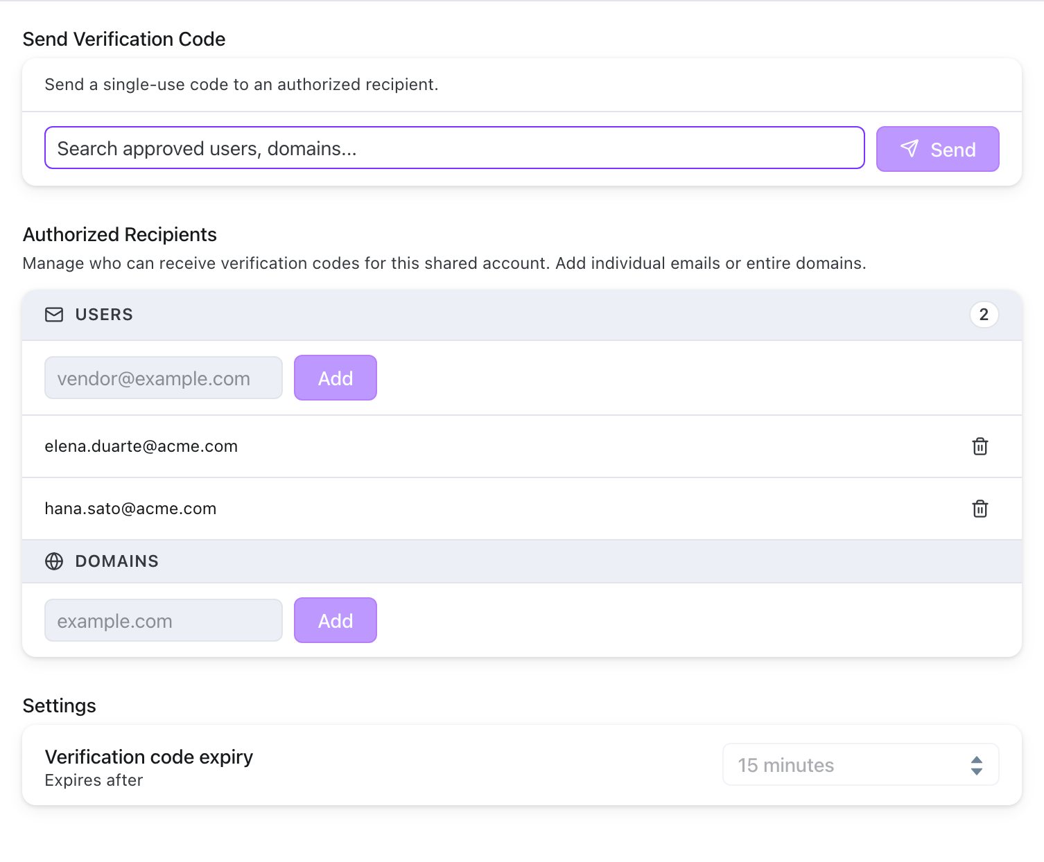 Send Verification Code control above the Authorized Recipients list, as a facility administrator sees it