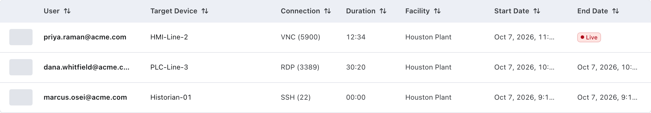 Session Recordings list with a Live tag in the End Date column of an active session