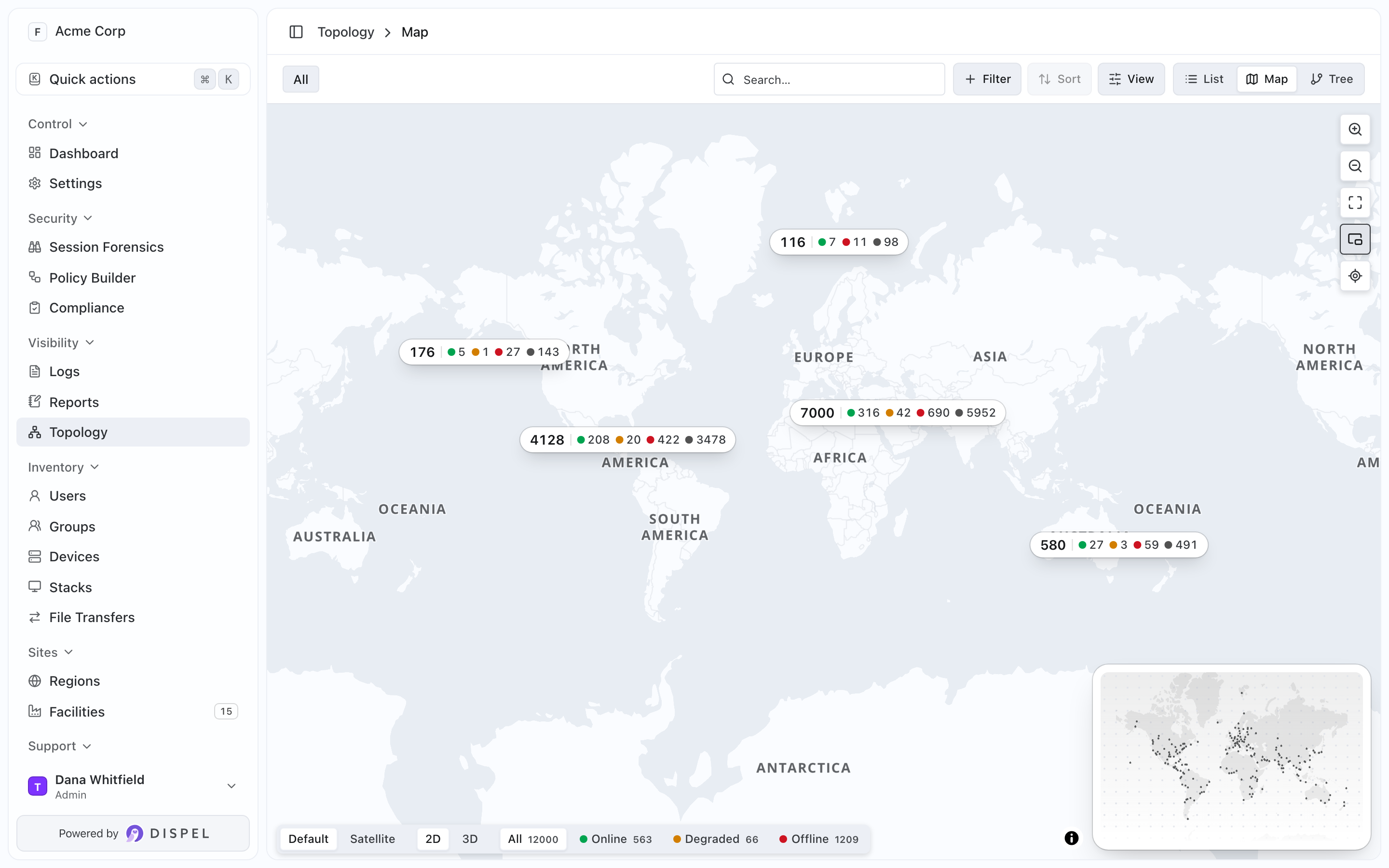 Topology Map view with capsule markers over each continent and a world minimap in the bottom-right corner