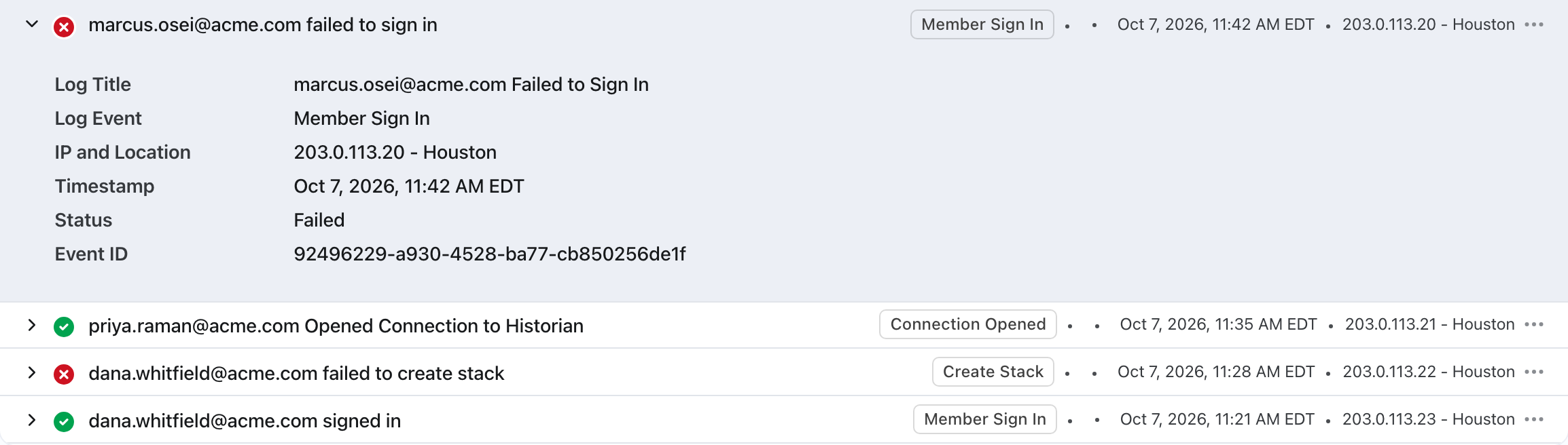 Logs list with a failed sign-in expanded to show Log Title, Log Event, IP and Location, Timestamp, Status and Event ID
