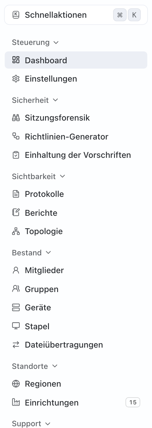 Sidebar in German with Einrichtungen under Standorte