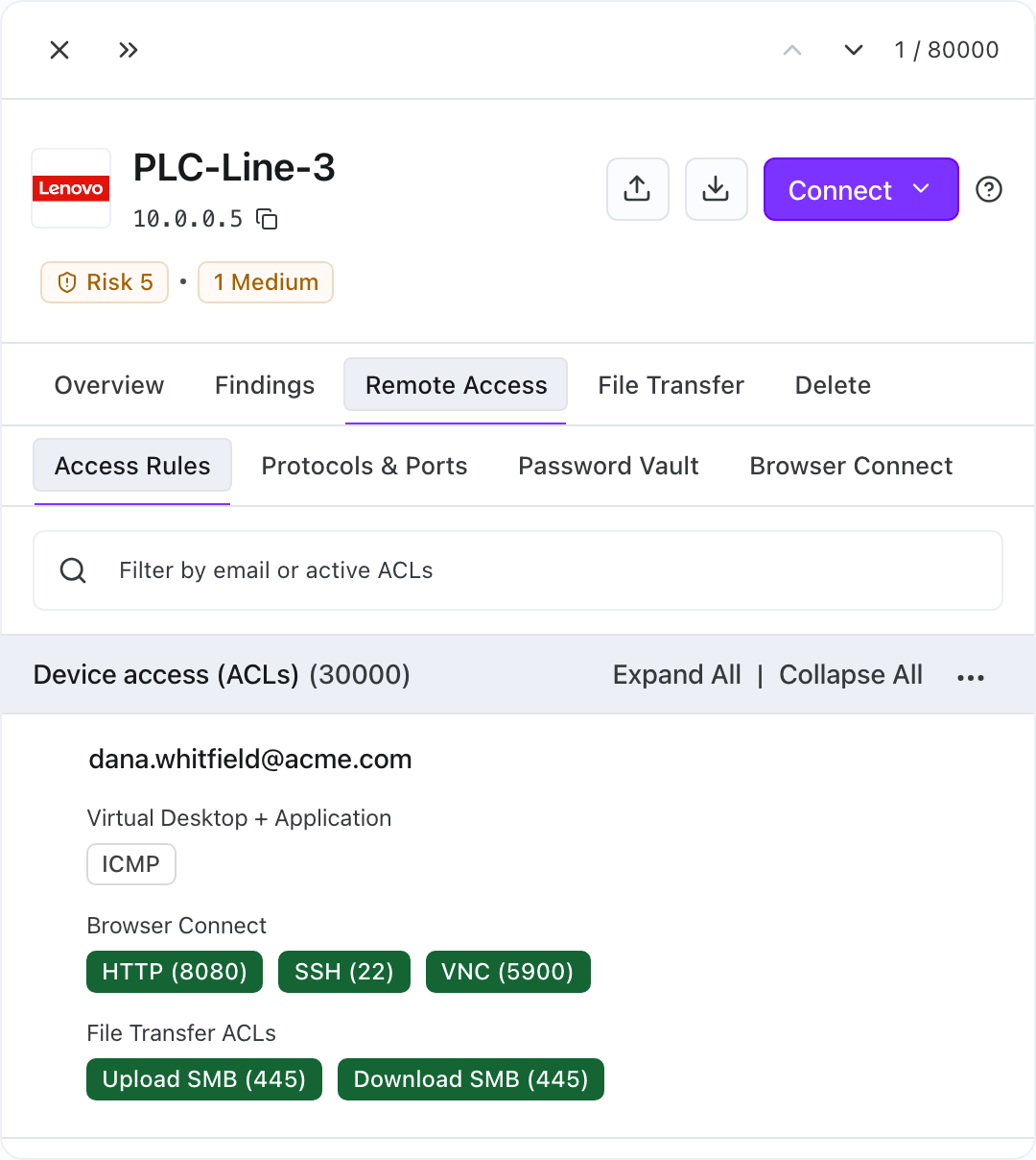 Device panel on the Remote Access tab, with the Access Rules, Protocols & Ports, Password Vault and Browser Connect tabs under the main tabs