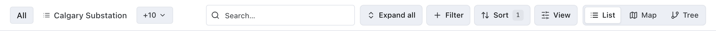 Topology toolbar with the All tab, one saved view and a +10 menu beside the search field